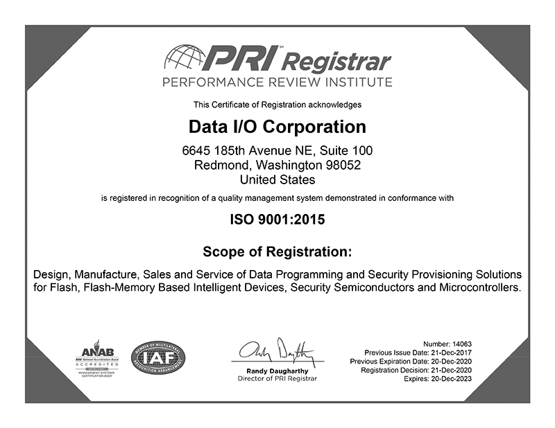 Data IO Redmond ISO 9001:2015 Certificate